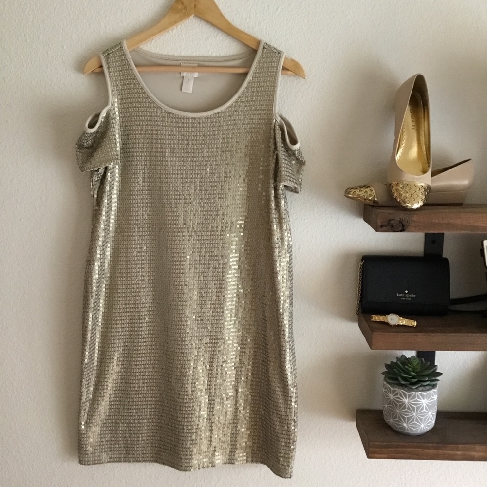 Chico’s gold sequin cold shoulder dress